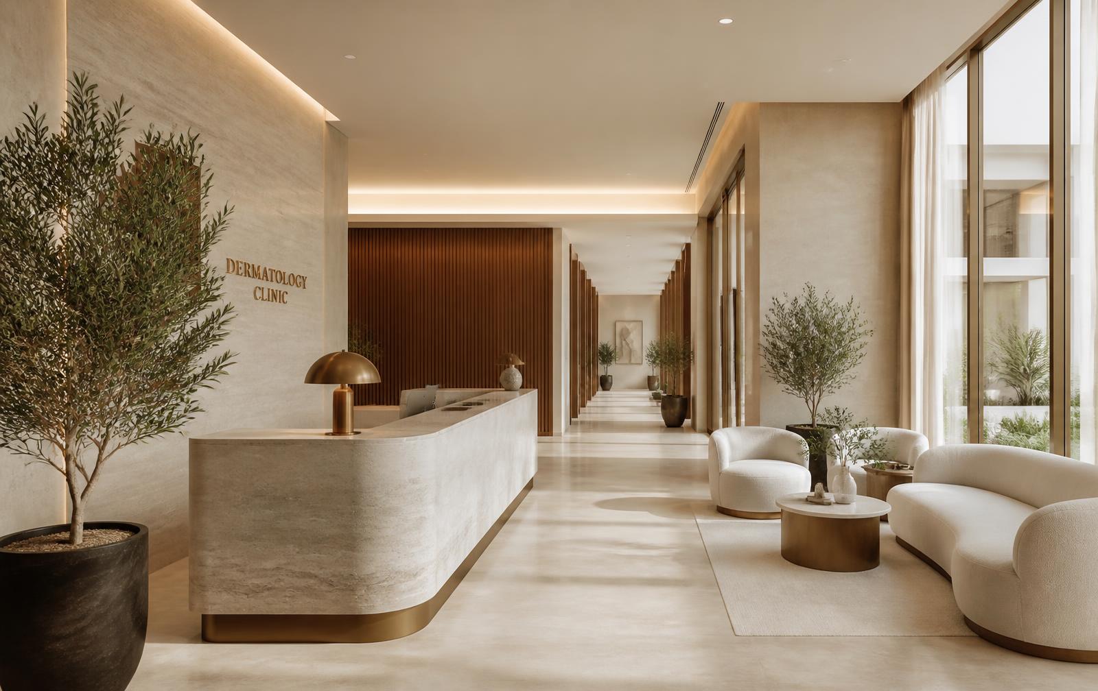 Calm reception and waiting area of a premium dermatology clinic with travertine stone, walnut panelling and soft natural light.
