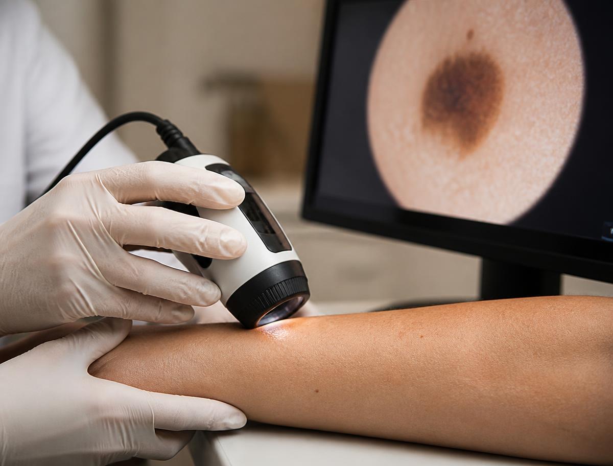Dermatologist using a digital dermoscope to examine a patient's skin during a medical assessment.
