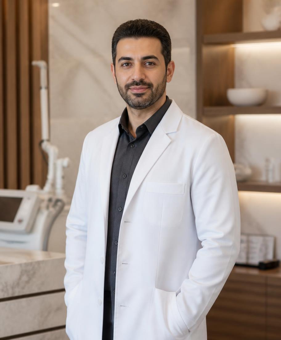 Consultant dermatologist and laser specialist Dr. Adam Kareem in a white medical coat in a modern clinic.