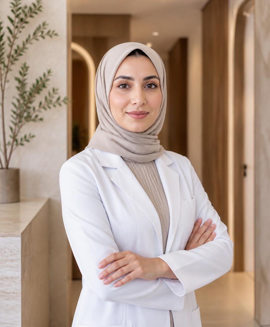 Consultant dermatologist Dr. Leena Rahman wearing a hijab and white medical coat in a clinic corridor.