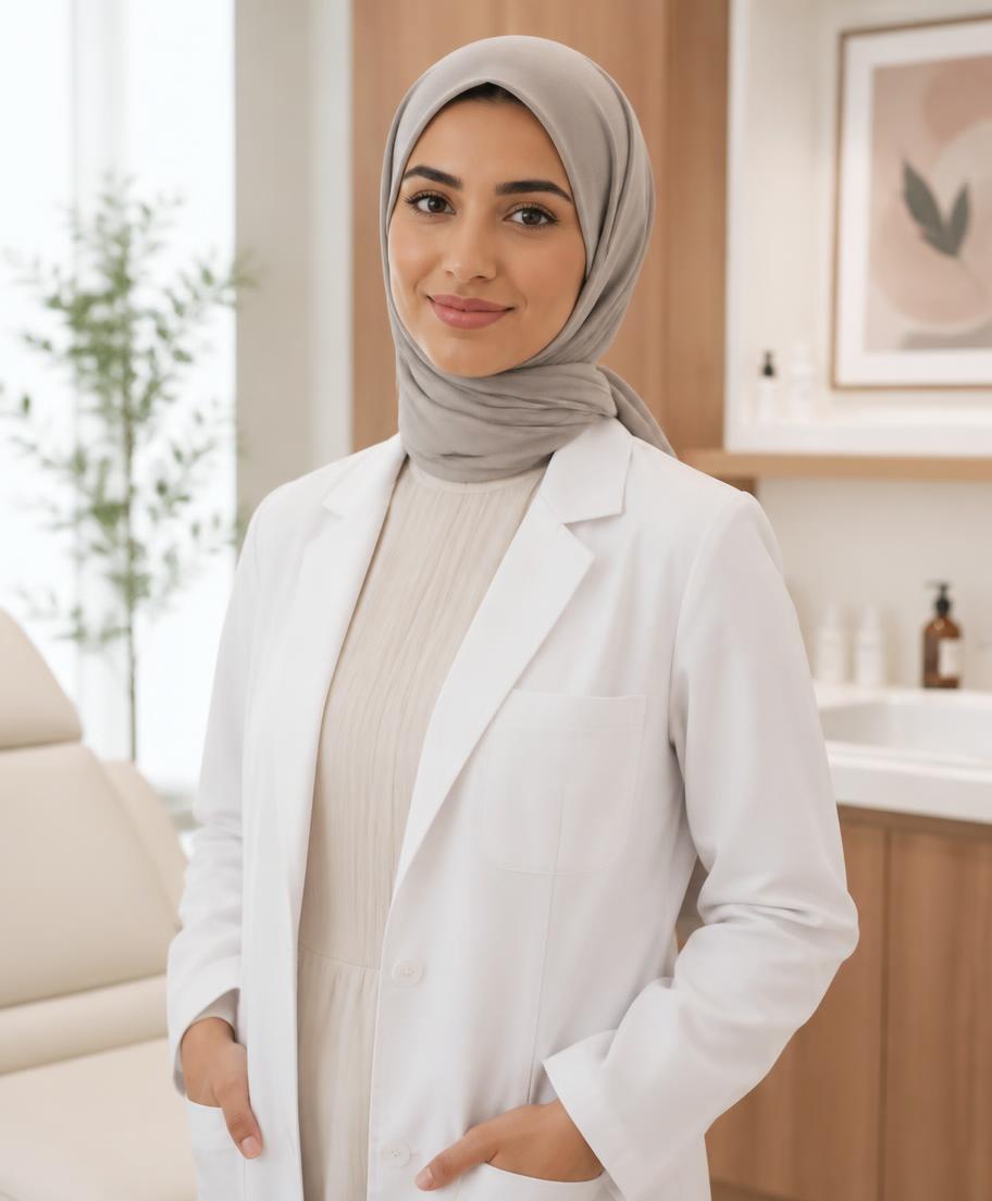 Specialist dermatologist Dr. Sara Nadeem wearing a hijab and white medical coat in a family consultation room.