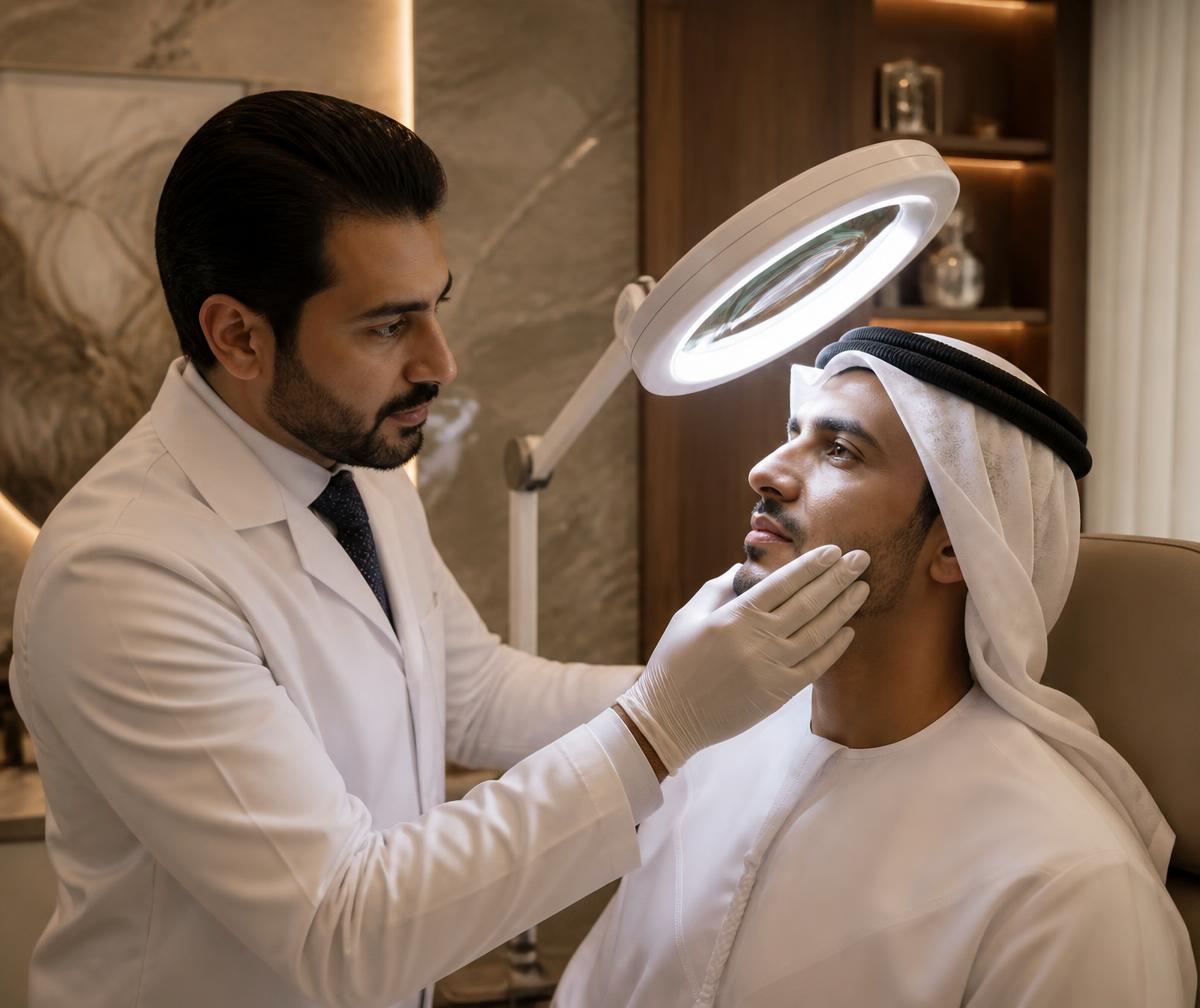Male dermatologist performing a professional facial skin assessment on a male patient.