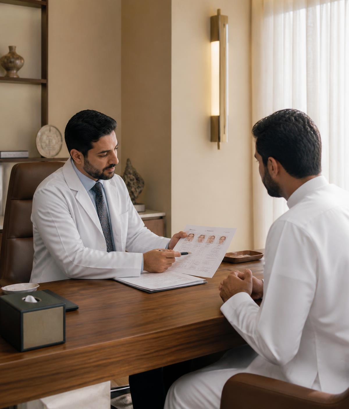 Male dermatologist discussing a printed treatment plan with a male patient in a premium consultation room.