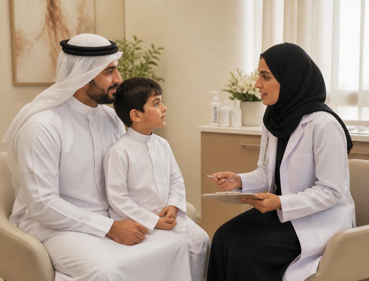 Gulf Arab father and his young son during a calm pediatric dermatology consultation with a dermatologist wearing a hijab.
