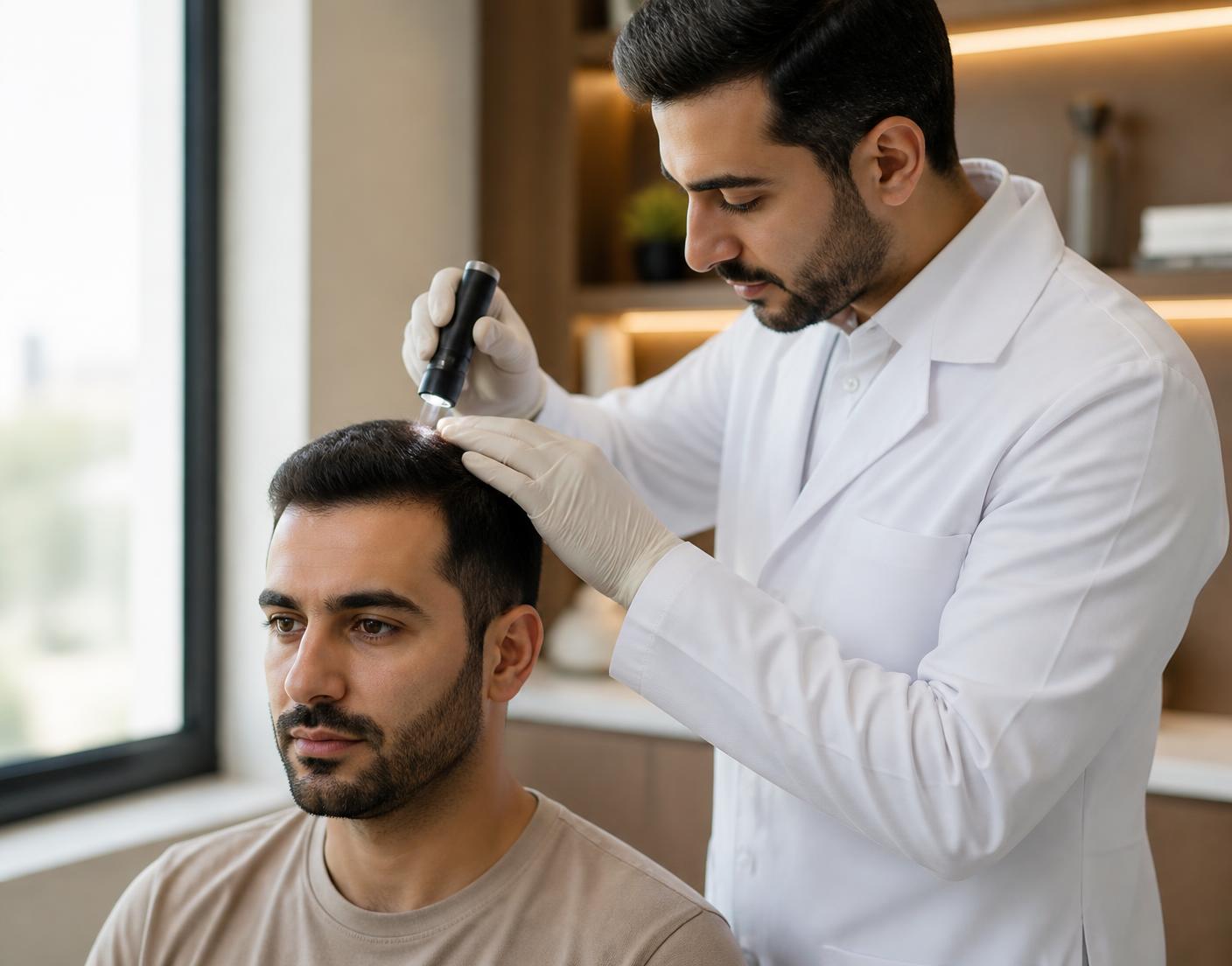 Male dermatologist examining the scalp of a male patient using a trichoscopy device.