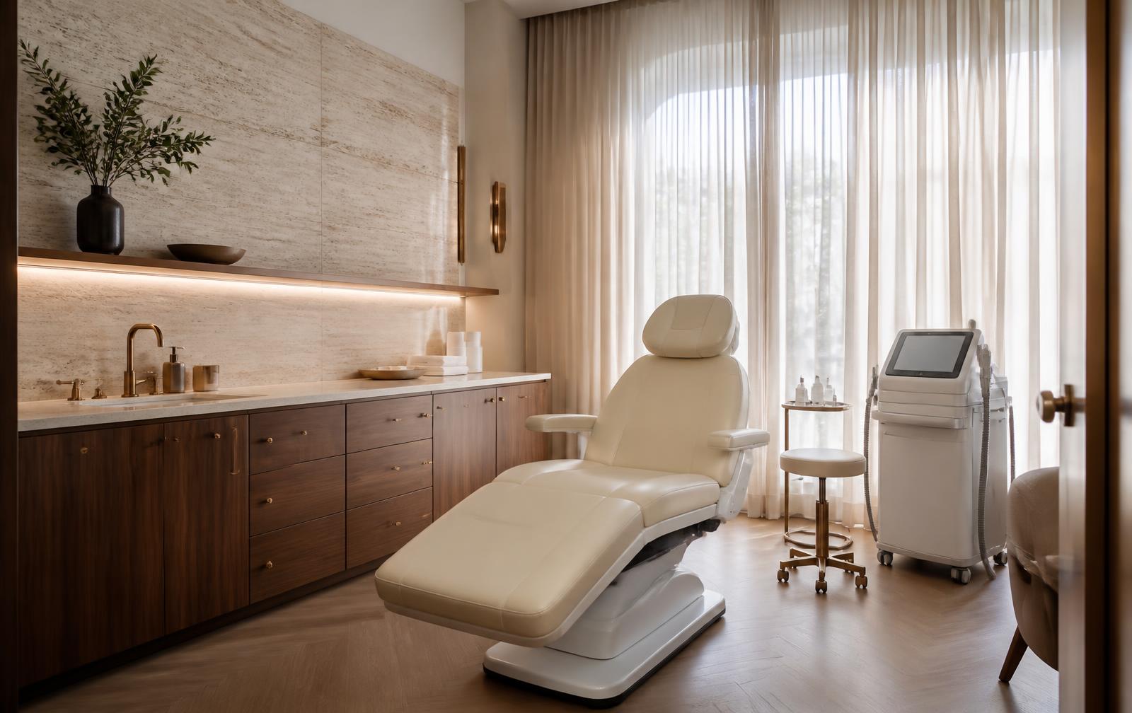 Private dermatology examination room prepared for a skin screening appointment.